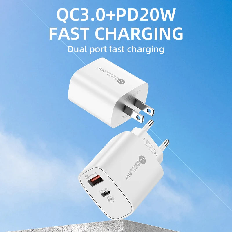 PD 20W Dual Port USB-C & USB-A Fast Wall Charger QC3.0 Wall Charger Adapter PRIMED