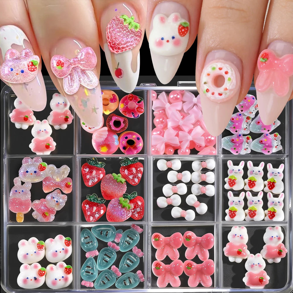 12-Grid 3D Nail Charms – Crystal Rabbit, Bow & Fruit Set Nail Art Charms PRIMED