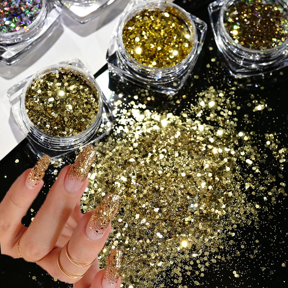 Holographic Nail Glitter Powder Set – 6 Jars Silver & Gold