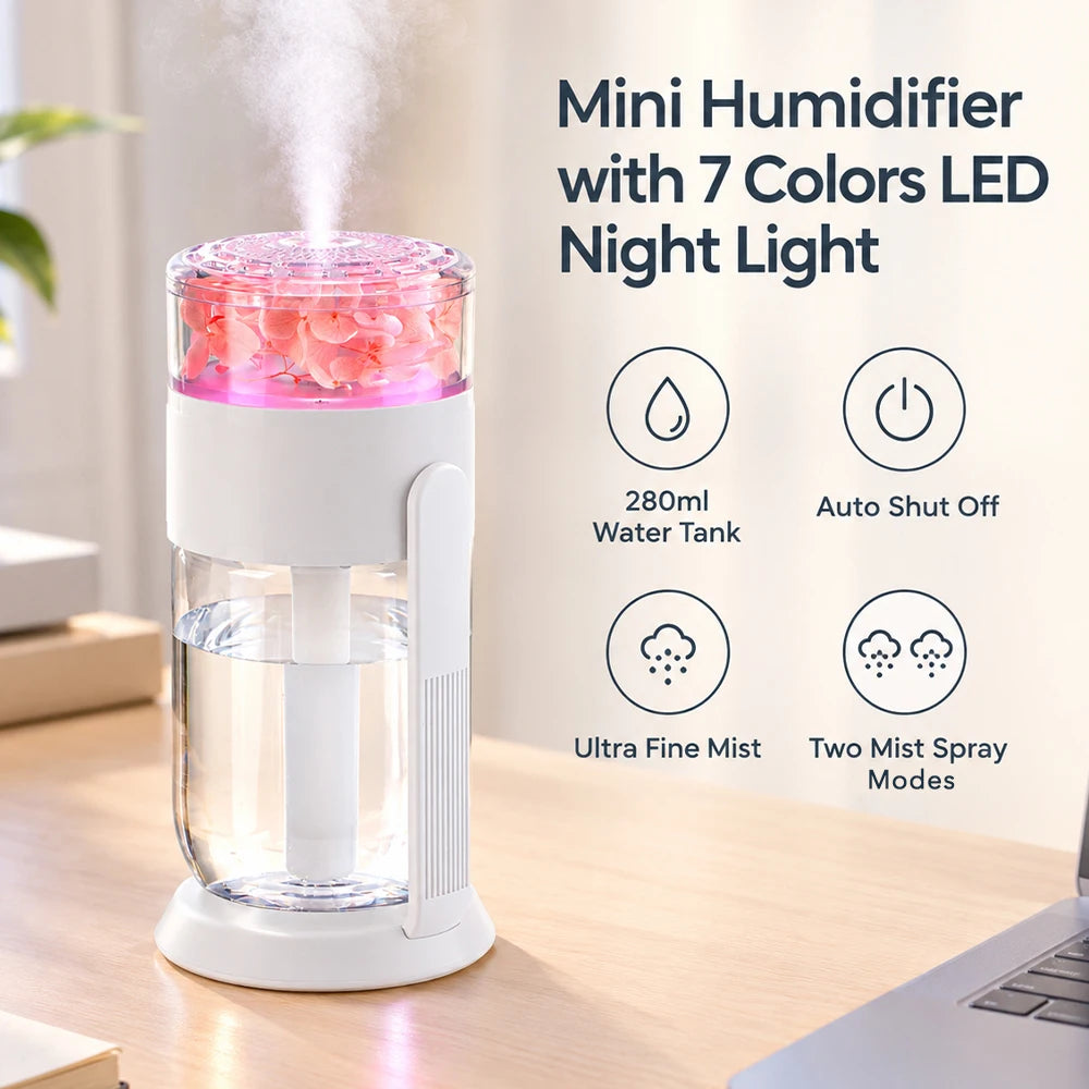 Preserved Flower USB Mini Humidifier – 7-Color LED & 360° Stand Mini Humidifier PRIMED