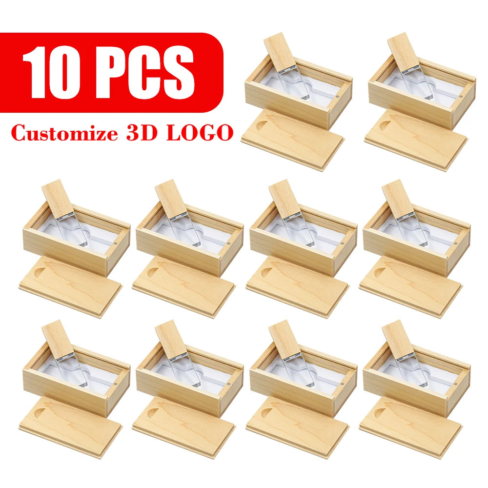 10-Pack Crystal USB Flash Drives | Custom Logo Wedding Gift Crystal USB Flash Drive PRIMED 128GBx10pcs Maple and box
