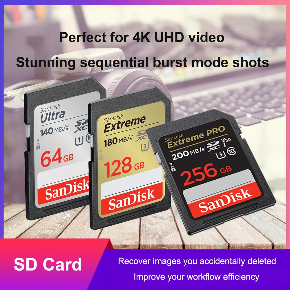SanDisk SD Card 32–256GB U3 V30 4K | DSLR Camera Memory SD Memory Card PRIMED