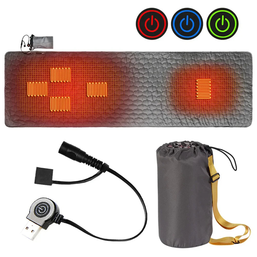 USB Electric Heated Sleeping Mat – 4 Zone Adjustable Warmth Electric Heated Sleeping Mat PRIMED Grey 198x62cm