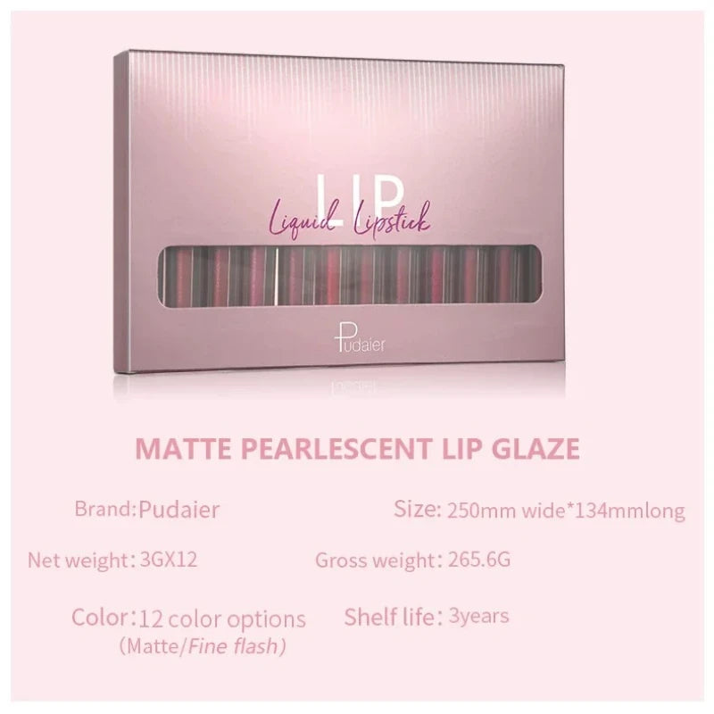 Pudaier 12-Color Matte Glitter Liquid Lip Gloss Set – Nude