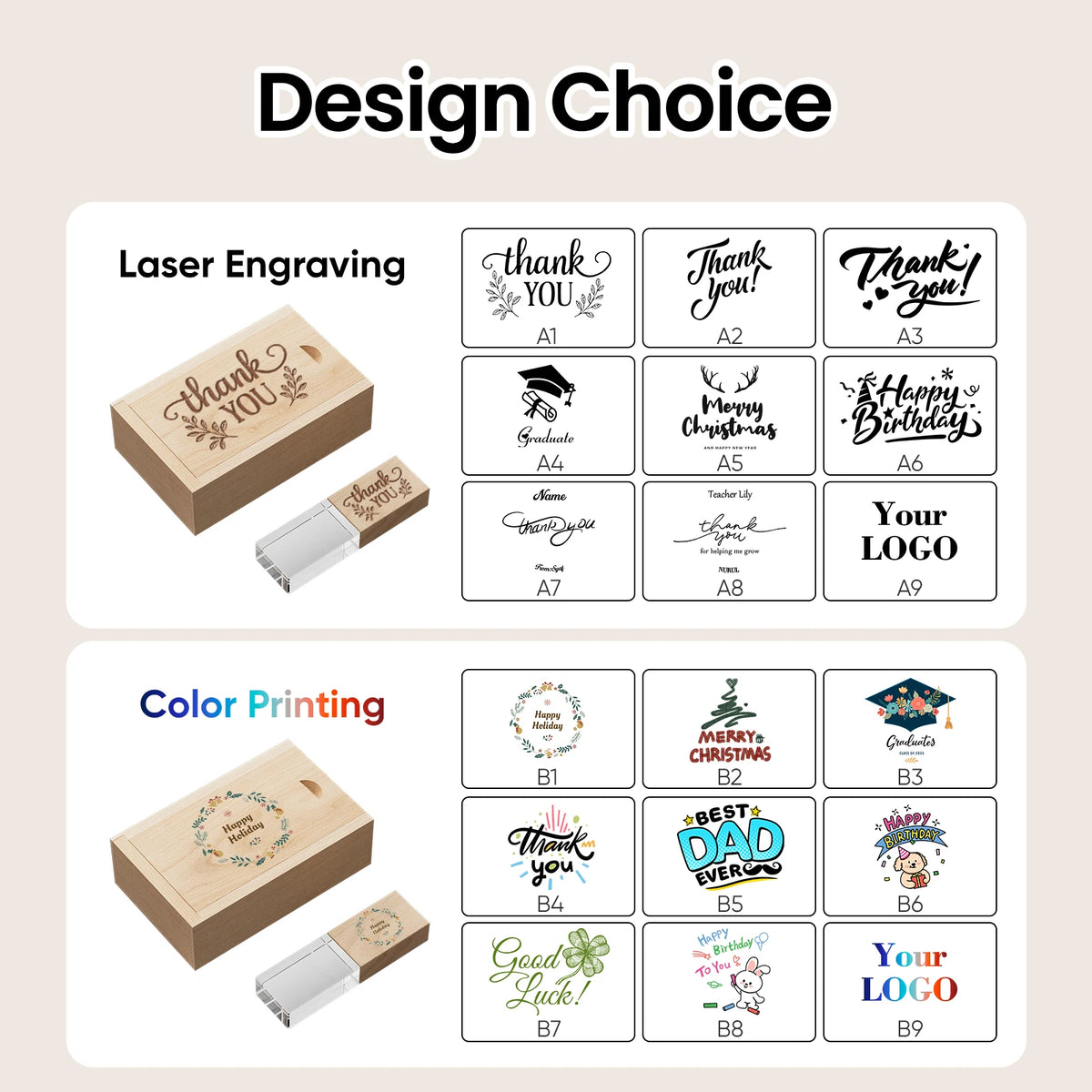 Wooden USB Flash Drive 8–128GB | Free Laser Engraving Logo