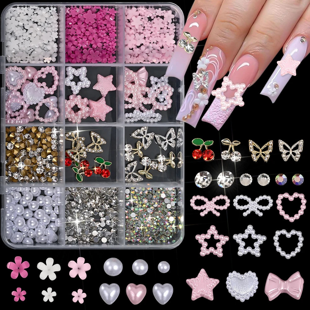 Mixed-Size Iridescent Nail Rhinestones 12-Grid DIY Crystal Set