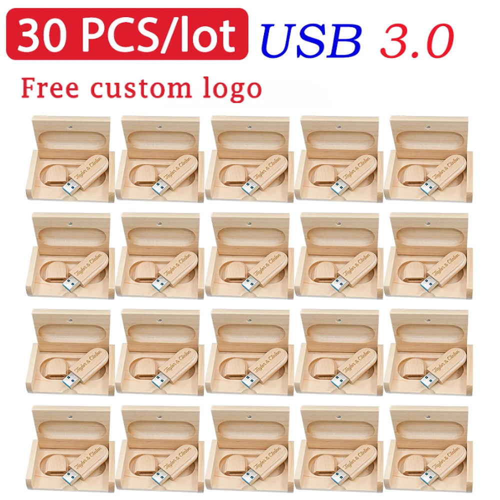 30-Pack Wooden USB 3.0 Flash Drives | Free Custom Logo Engraving USB Flash Drive PRIMED