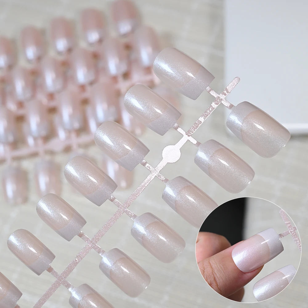 120Pcs Pearlescent Square Press-On Nails | French White Tips