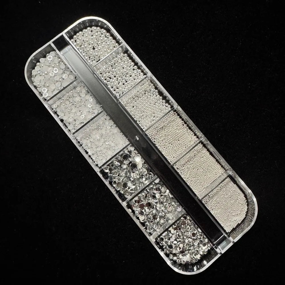 12-Grid Nail Rhinestone Kit – 3D Crystal Gems & Caviar Beads Nail Art Kit PRIMED