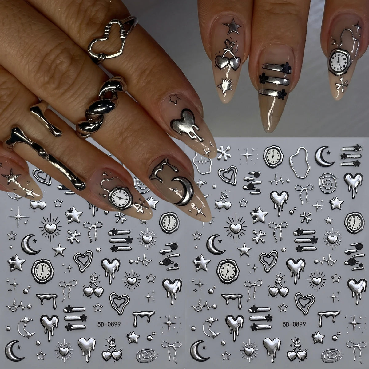 Punk Gothic 3D Nail Art Stickers – Silvery Embossed Decals