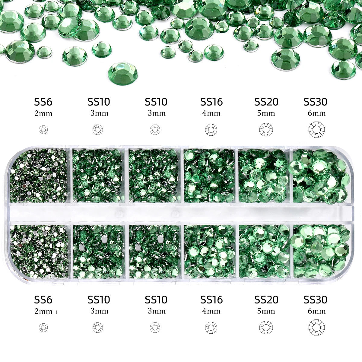 Mixed Size Flatback Glass Rhinestones 12-Grid Box SS6–SS30