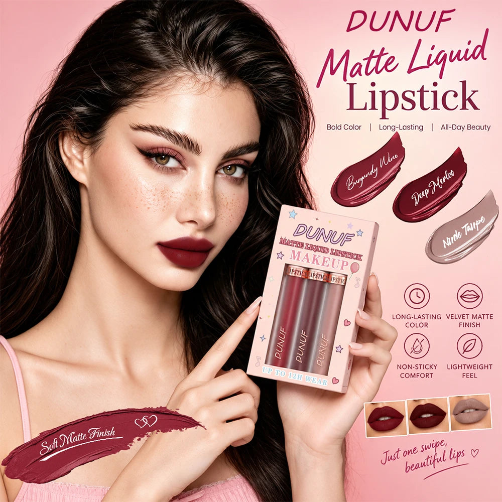 DUNUF 3-Pc Matte Velvet Liquid Lipstick Set – Wine Red & Nude Liquid Lipstick Set PRIMED