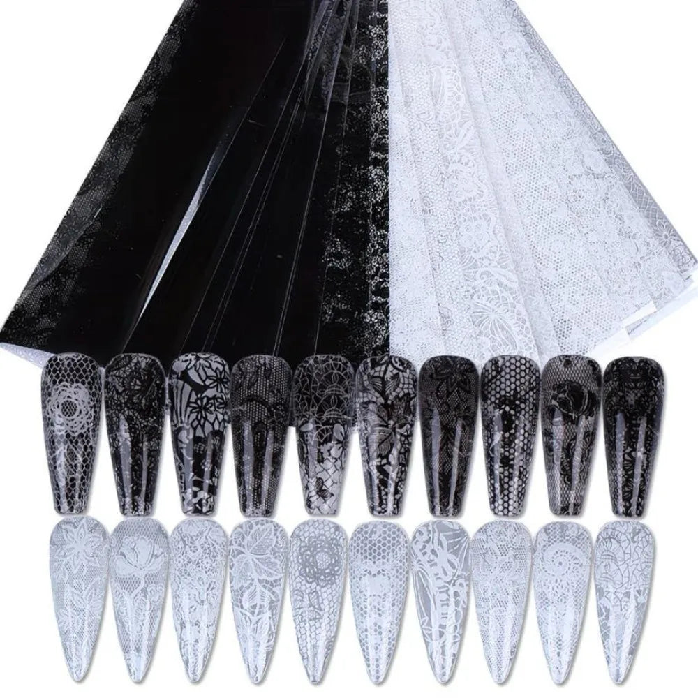 Holographic Lace Nail Foils – Black & White Sequin Stickers