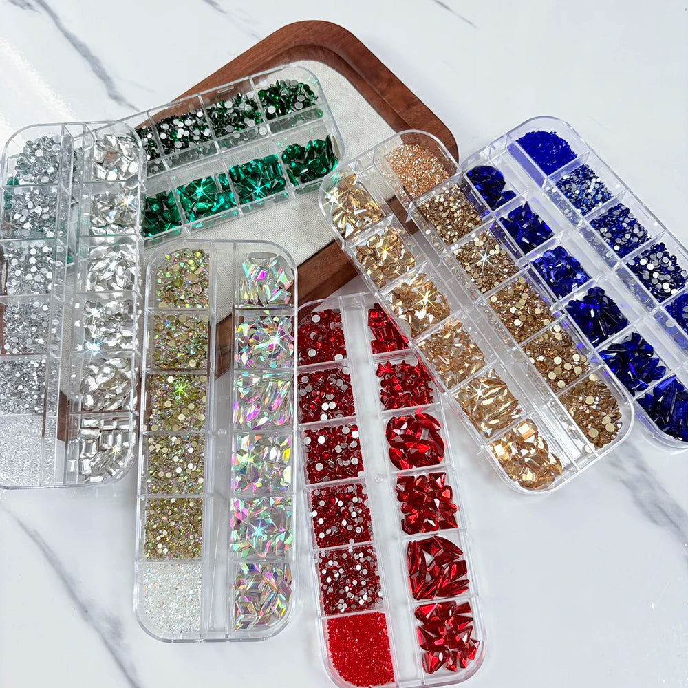 12-Grid Nail Rhinestones Set – Mixed Shape Glass Crystals Nail Art Rhinestones PRIMED