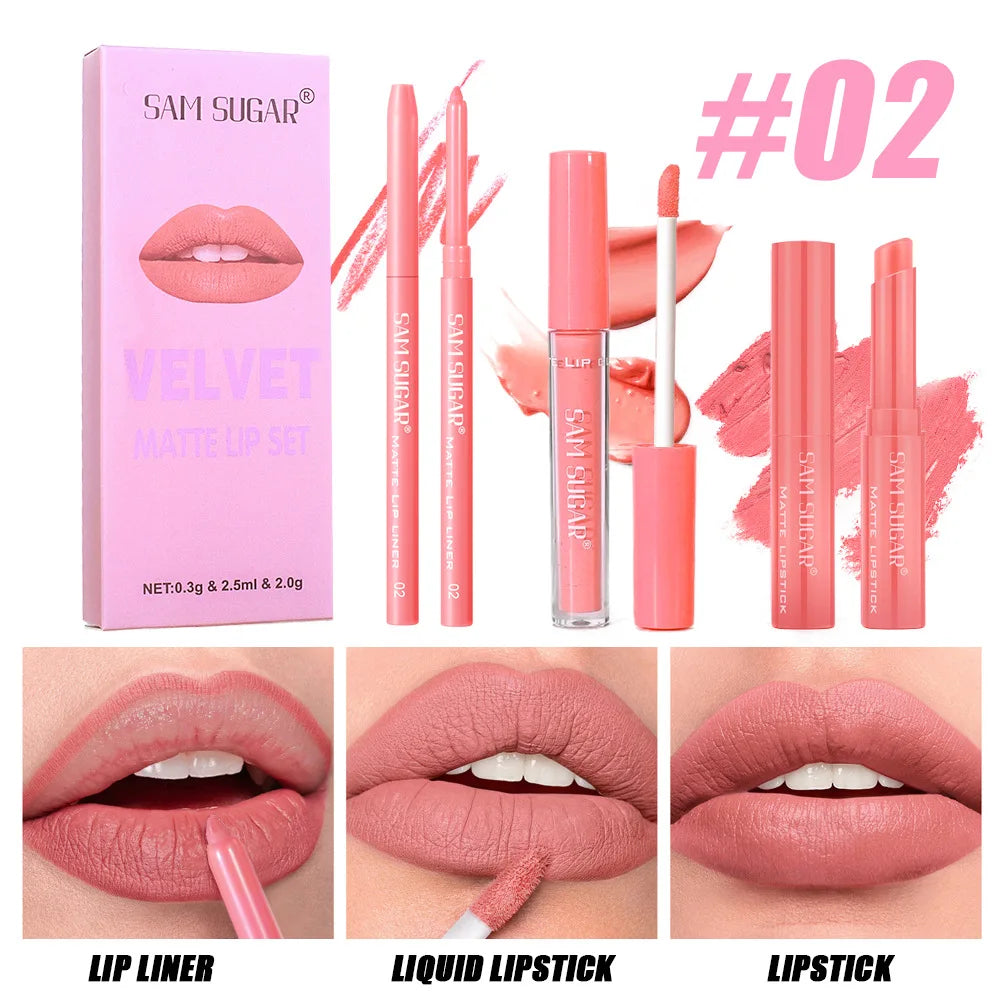 SAM SUGAR 3-in-1 Matte Lip Kit | Long-Lasting Waterproof Set