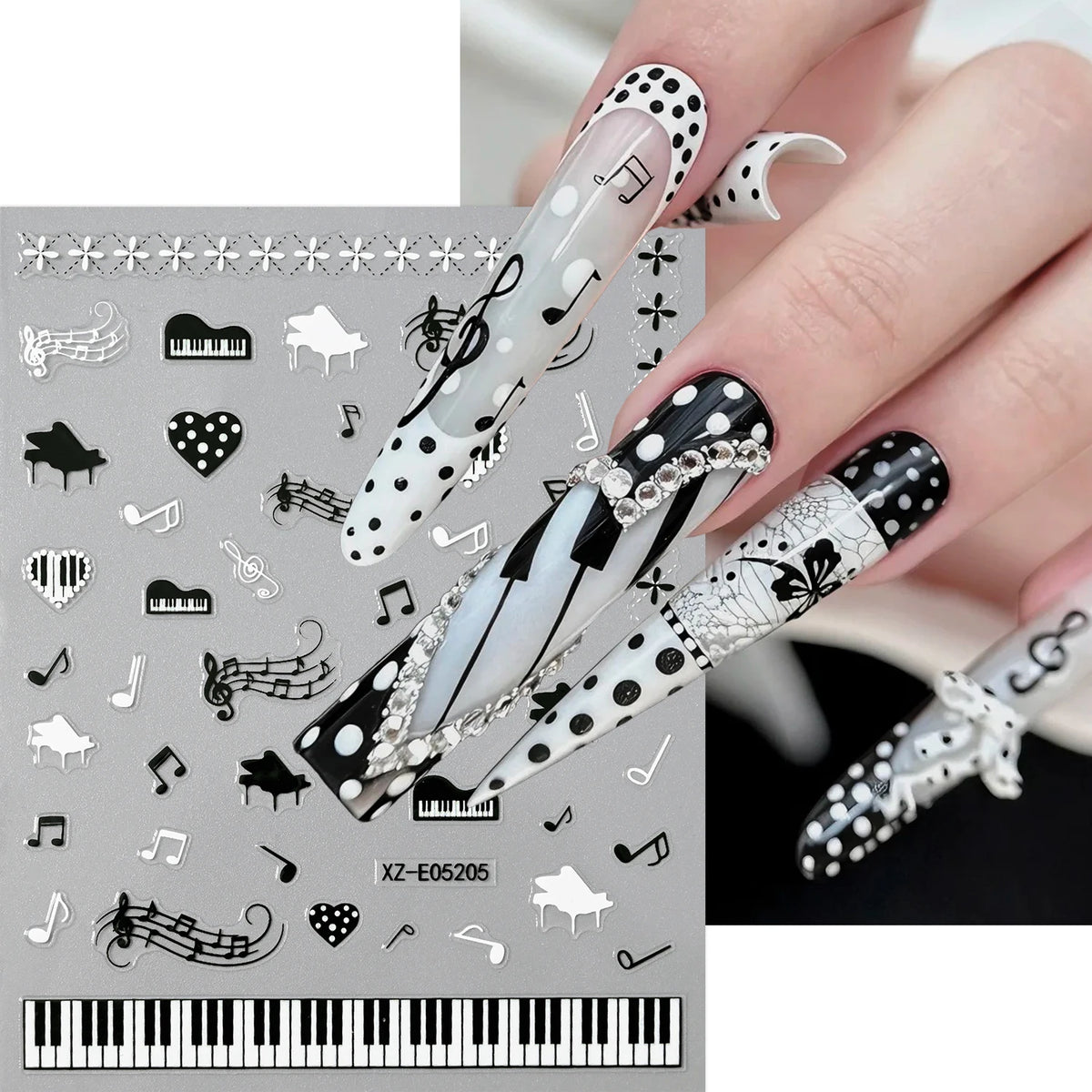 Piano Keys 5D Embossed Nail Art Stickers | DIY Manicure Decals