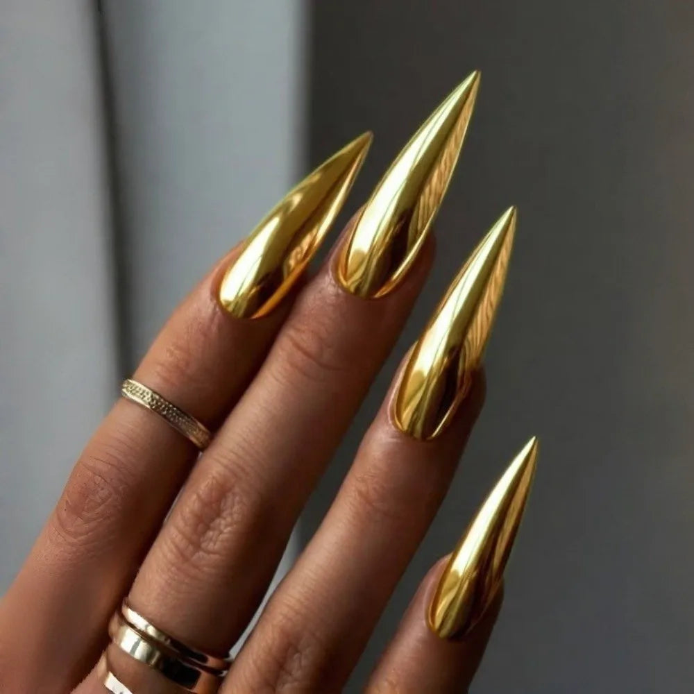 Gold Almond Press-On Nails Mirror Finish Y2K 24pc Set