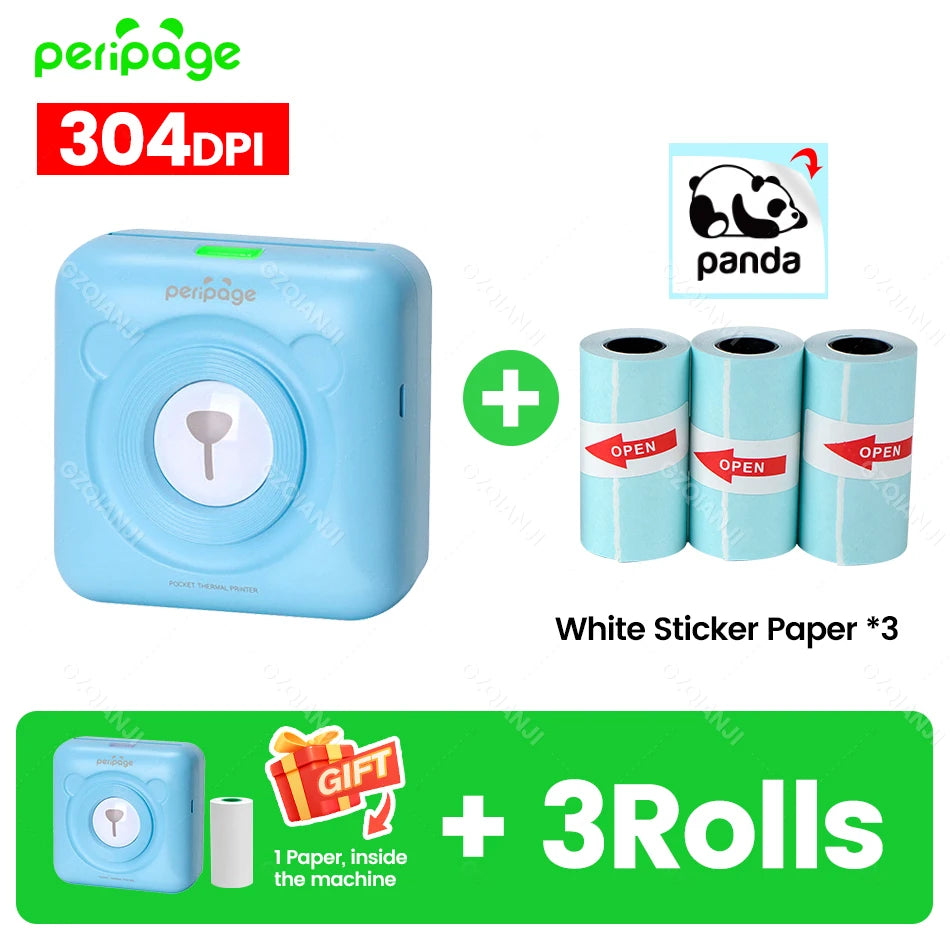 Peripage A6 58mm Mini Bluetooth Thermal Label Printer 300DPI Bluetooth Thermal Printer PRIMED 304BL 3Sticker