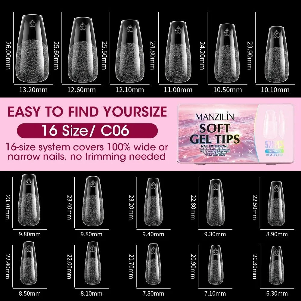 576Pcs Clear Press On Nail Tips | 16 Sizes Full Cover DIY Kit