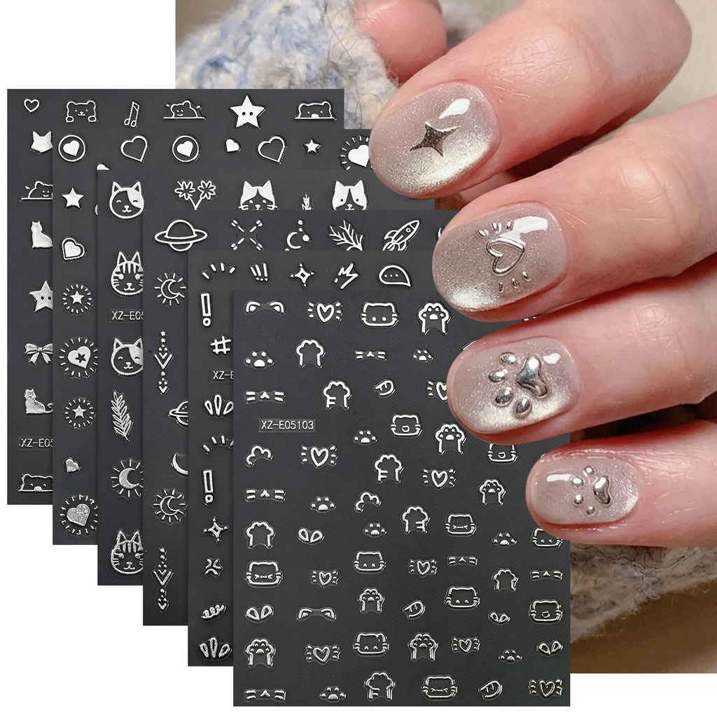 6-Piece Silvery Foil Nail Art Stickers – Cats Bears Hearts Nail Art Stickers PRIMED