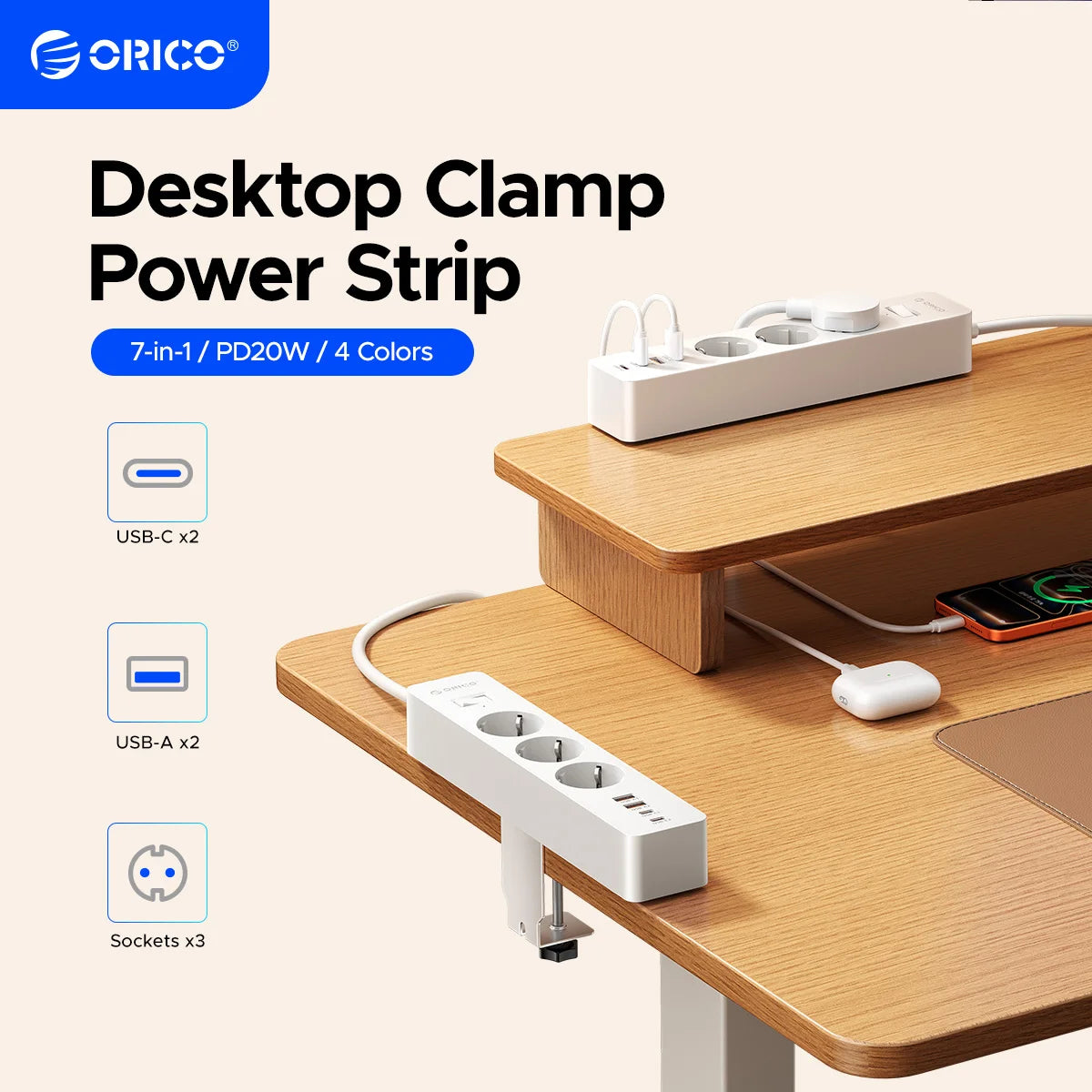 ORICO EU Desk Clamp Power Strip PD20W | 3 AC 4 USB Ports Desk Clamp Power Strip PRIMED