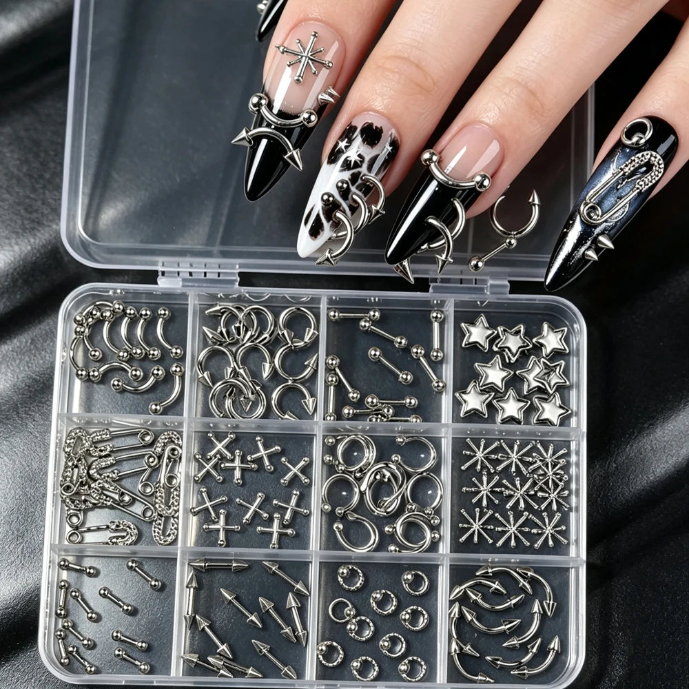 12-Grid Punk Metal Rivet Nail Charms – 3D Stars & Rings Set Nail Art Charms PRIMED