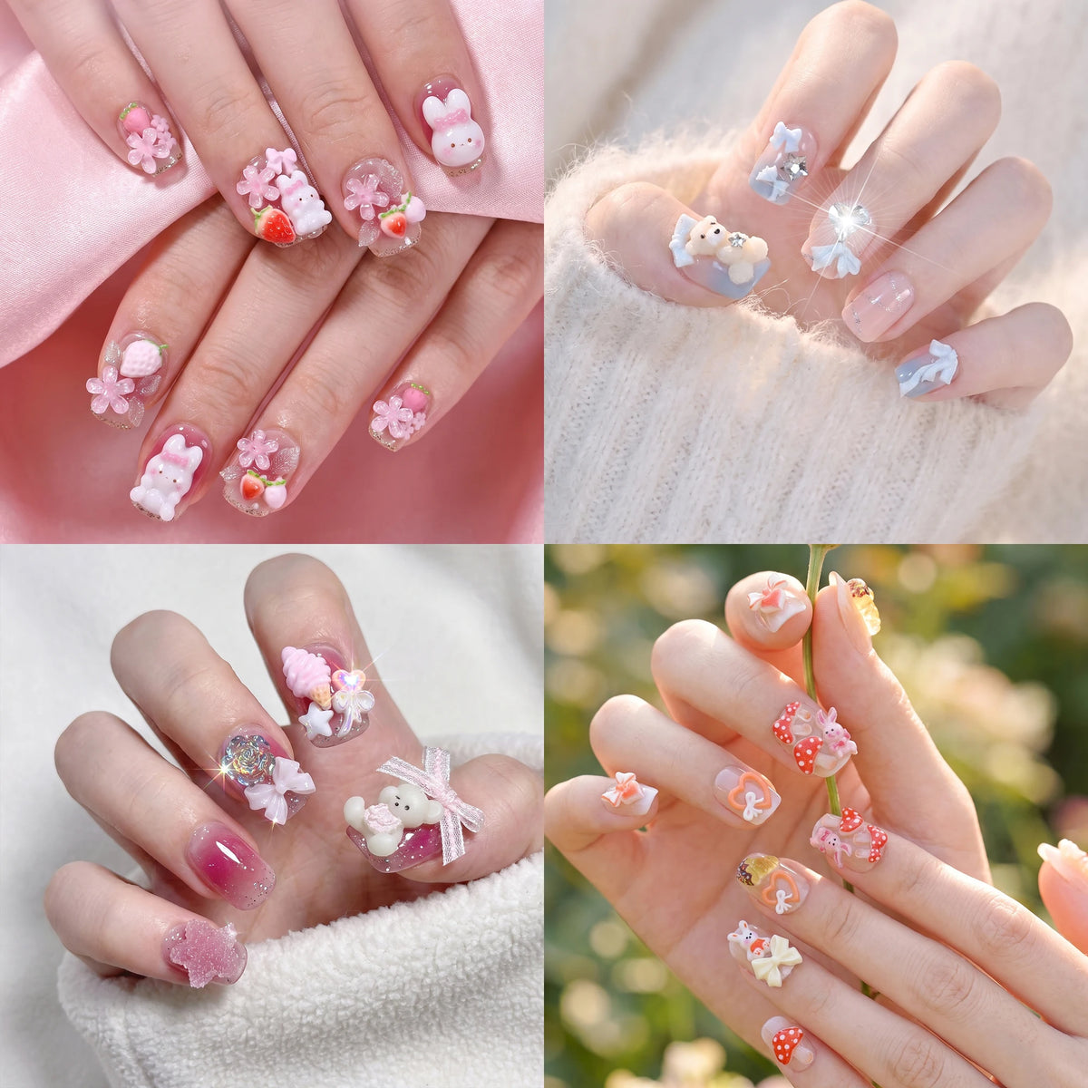 96Pcs Handmade Press On Nails – Pink Bears, Bows & Flowers