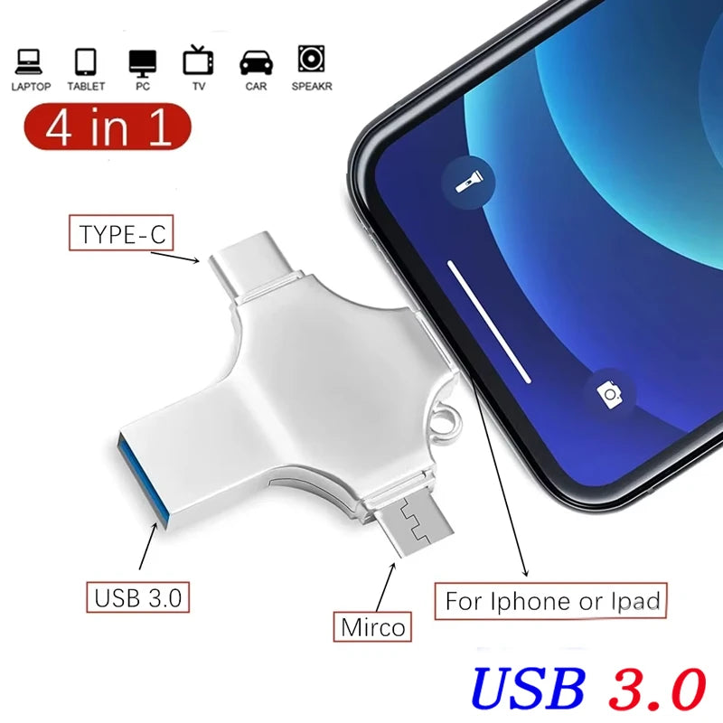 4-in-1 USB 3.0 Flash Drive 256GB 128GB for iPhone Android USB Flash Drive PRIMED 256GB Sliver CN