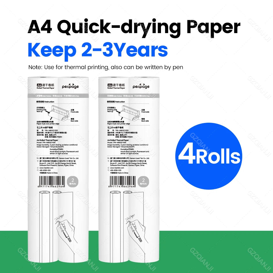 PeriPage A4 Thermal Paper for A40 Printer | 10-Year Storage Thermal Printer Paper PRIMED 2-3Y Paper 4Rolls