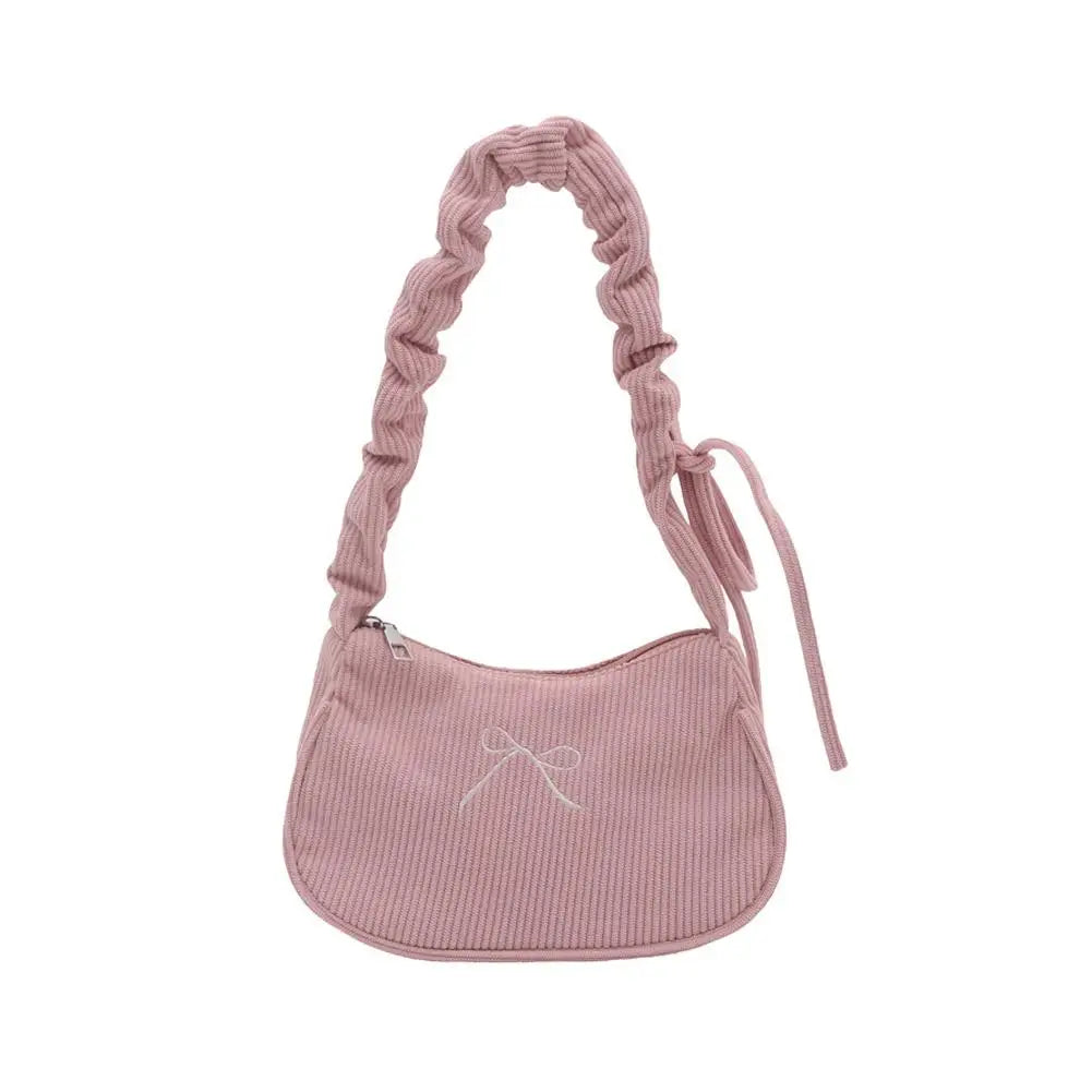 Women's Corduroy Ruched Shoulder Bag | Bow Accent Hobo Purse Shoulder Bag PRIMED Pink