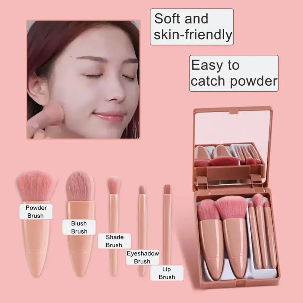 5-Piece Portable Travel Makeup Brush Set with Mirror