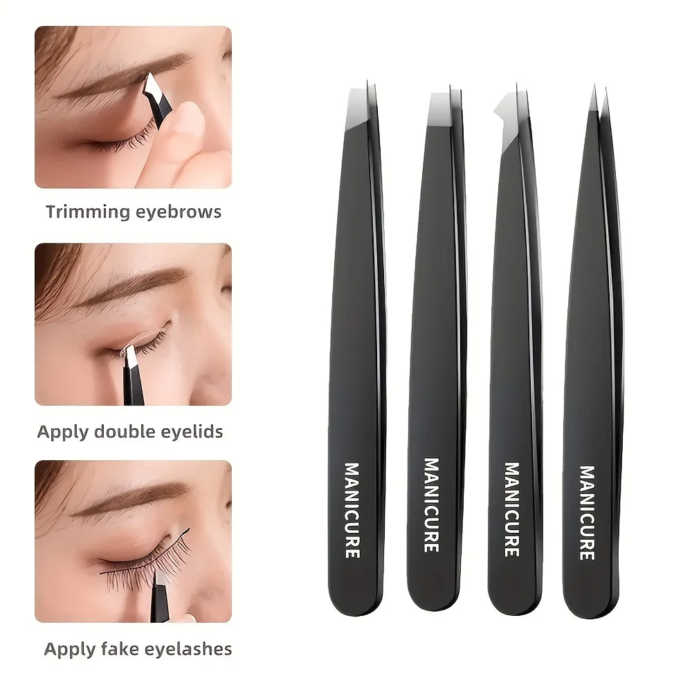 Stainless Steel Tweezer Set – Slant, Point, Flat & Hook Tips