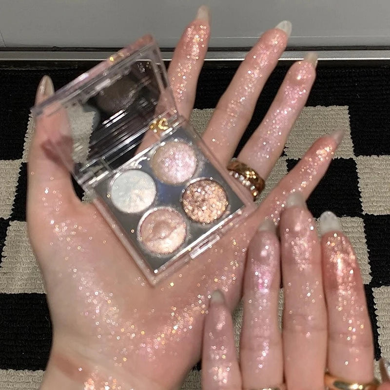 Glitter Shimmer Eyeshadow Palette – 4 Colors Pink Brown Highlighter Eyeshadow Palette PRIMED
