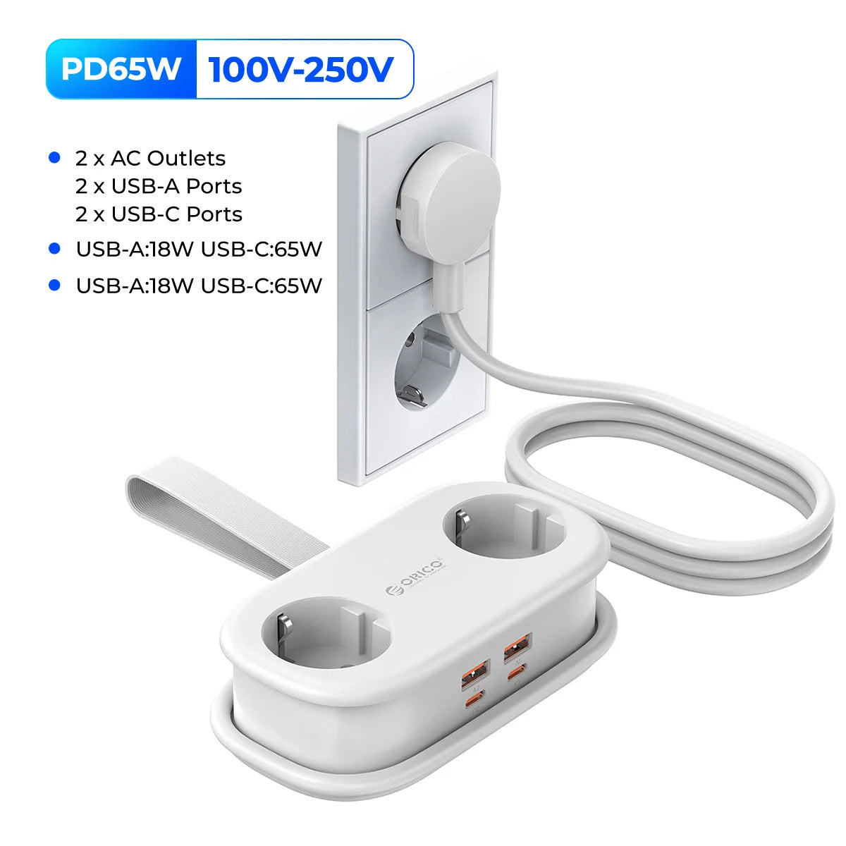 ORICO GaN 65W EU Power Strip | 2 AC + 2 USB-A + 2 USB-C GaN Power Strip PRIMED EU plug White EU Plug