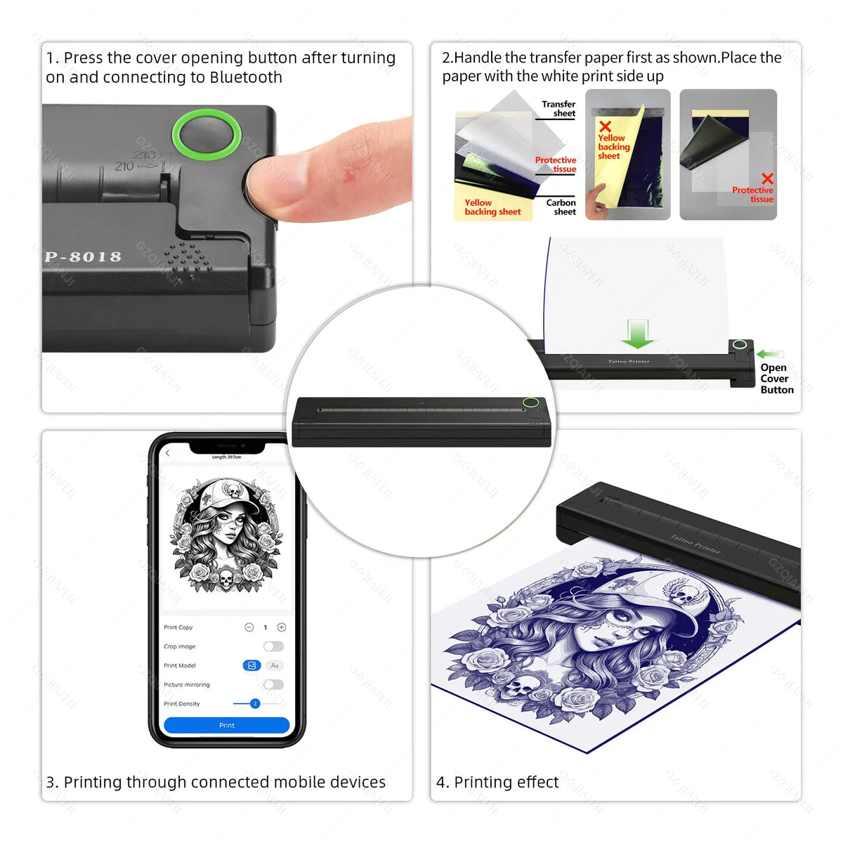 A4 Bluetooth Tattoo Stencil Thermal Printer 203DPI – GZQIANJI Tattoo Stencil Printer PRIMED