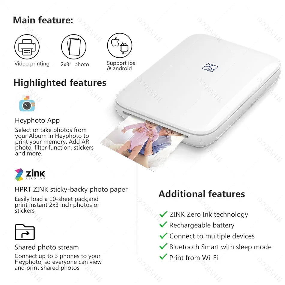 HPRT MT53 Portable Bluetooth Zink Photo Printer 2x3 Inch Pocket Photo Printer PRIMED