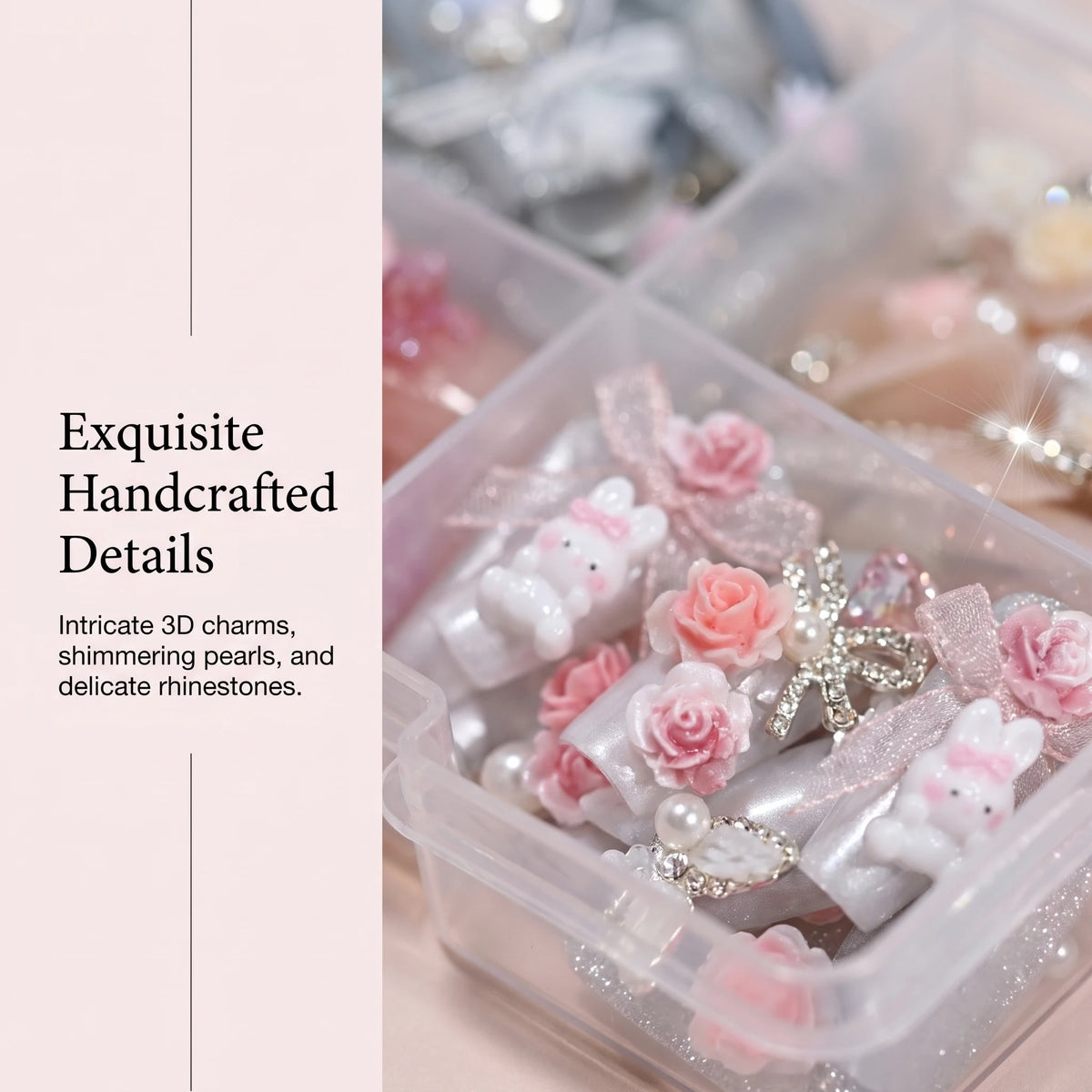 96Pcs Press On Nails Long Coffin Pink Flowers Lace Bows Diamonds