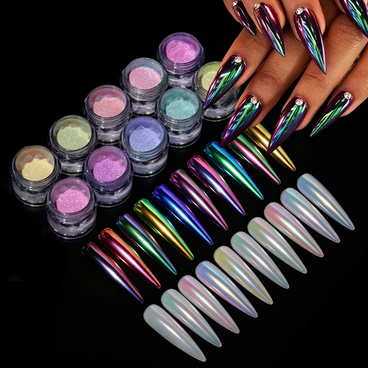 10-Color Aurora Chrome Nail Powder – Iridescent Chameleon Pigment