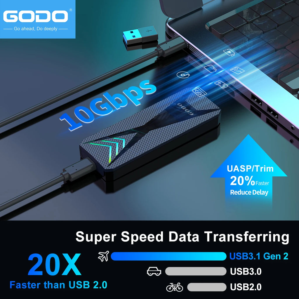 GODO RGB M.2 NVMe SATA SSD Enclosure USB-C Adapter | 10Gbps SSD Enclosure Adapter PRIMED