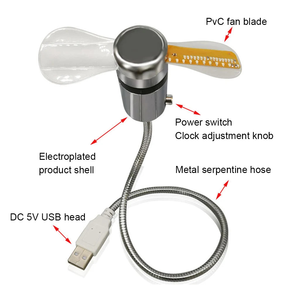 USB LED Clock Fan Gooseneck – Time & Temperature Display USB Desk Fan PRIMED