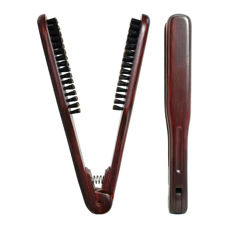V-Shape Double Brush Hair Straightening Comb | Wooden Handle
