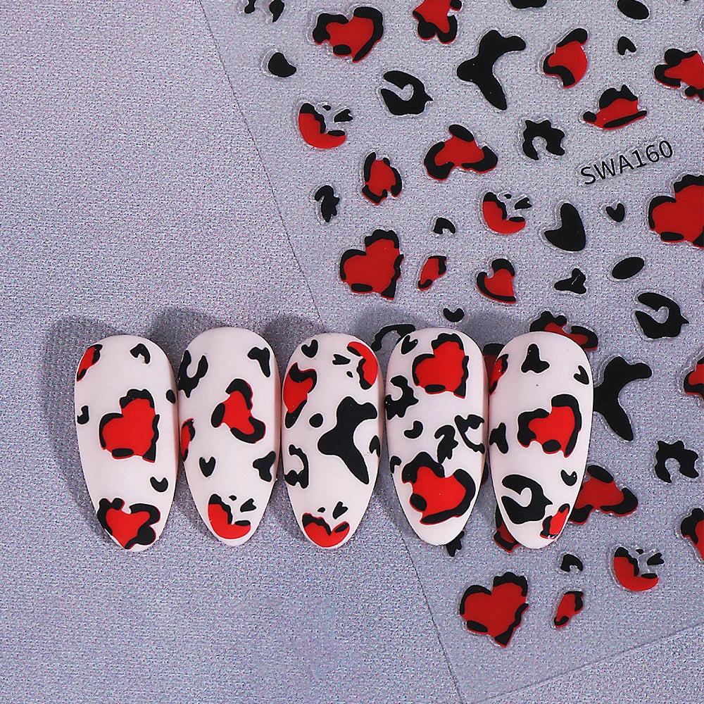 Retro Leopard Heart Glitter Nail Art Stickers | French Design