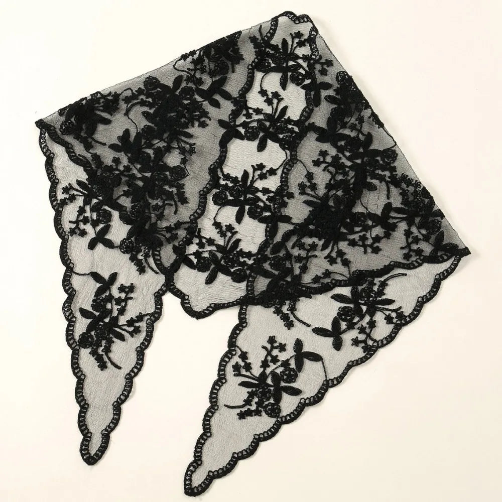 Hollow Lace Hair Scarf Headband – Vintage Triangular Bandana Lace Hair Scarf PRIMED Black