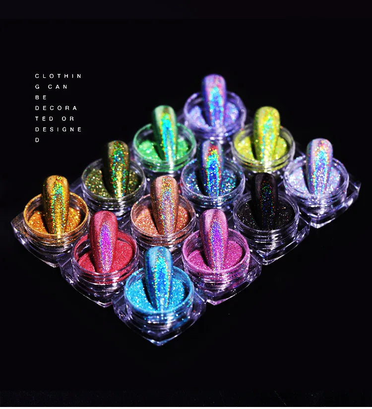 12-Jar Holographic Glitter Nail Powder Set – Mirror Manicure Nail Glitter Powder PRIMED 12pcs