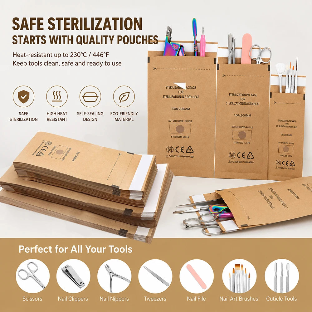 Nail Tool Sterilization Pouches Self-Seal Kraft Bags 20/50/100