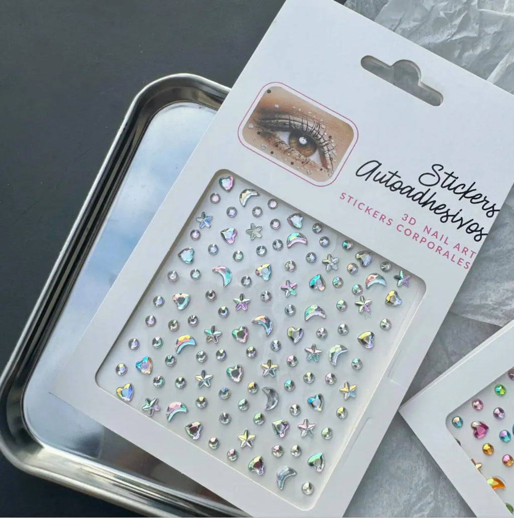 Iridescent Star Moon Face Gem Stickers – Rhinestone 2 Sheets Body Art Stickers PRIMED