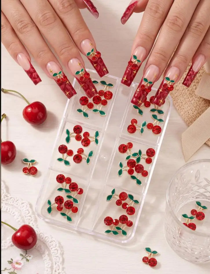 24Pcs Red Cherry 3D Nail Art Rhinestone Diamond Zircon Set Nail Art Rhinestones PRIMED
