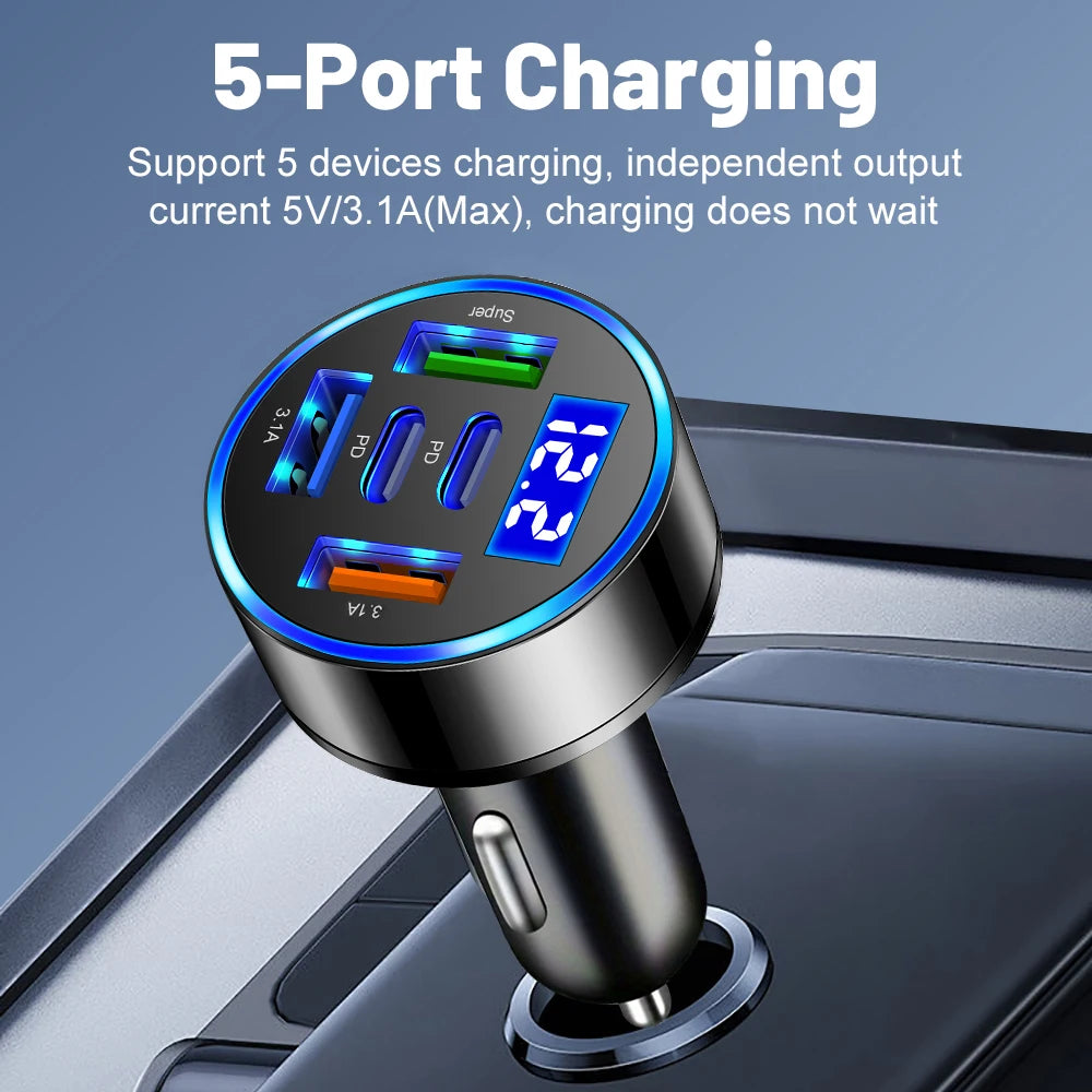 100W 5-Port Car Charger PD QC3.0 USB-C Fast Charge Adapter Car Charger Adapter PRIMED