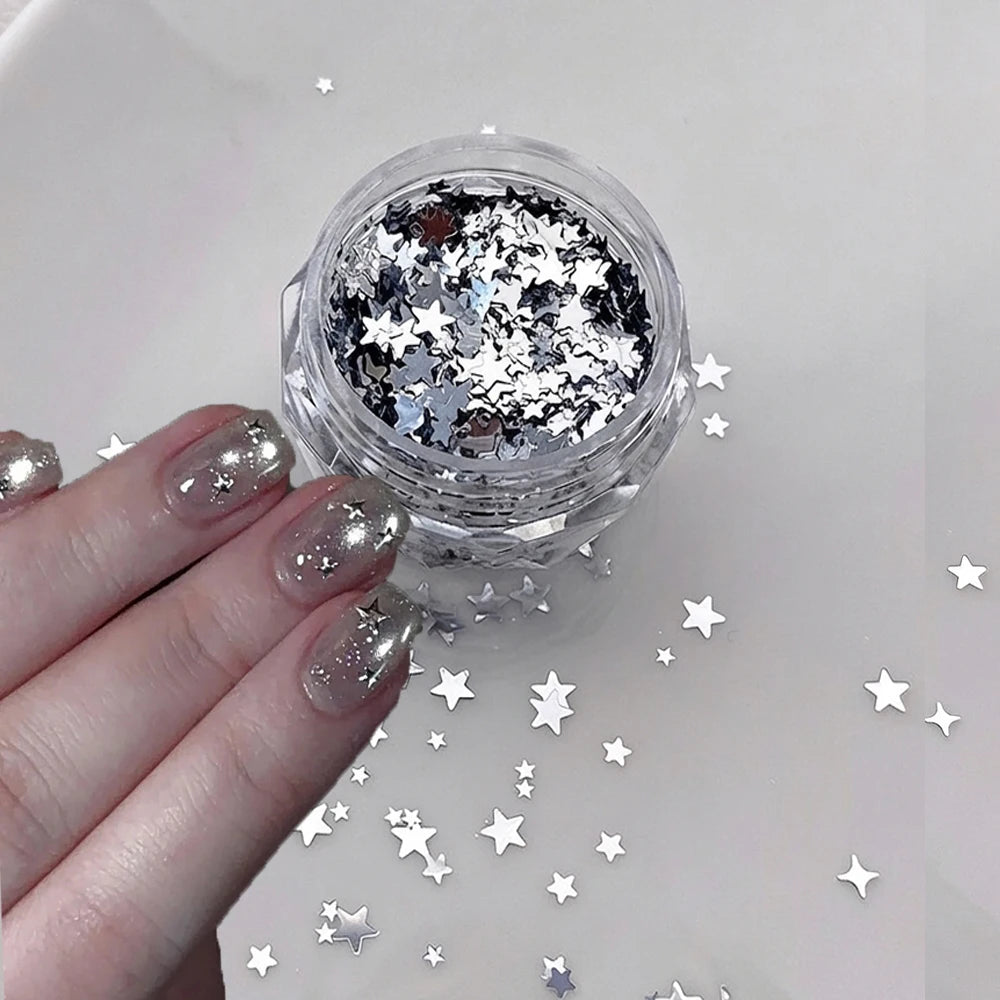 Silver Star Glitter Nail Sequins – Mixed Pentagram Manicure Decor