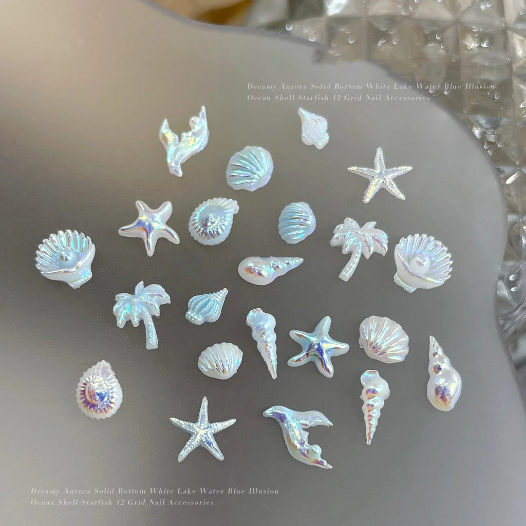 12-Grid Ocean Nail Charms Set – Starfish, Shell & Pearl Art Nail Art Charms PRIMED